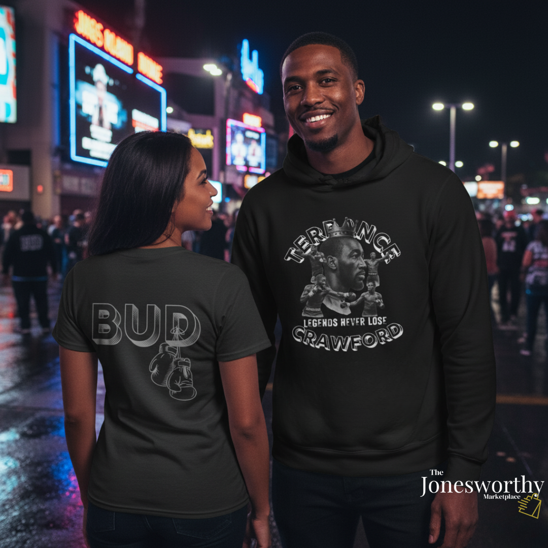 Terence Bud Crawford Graphic Tees | Legends Never Lose Front & Back Design | Short-Sleeve Cotton T-Shirt and Long-Sleeve Hooded Tee