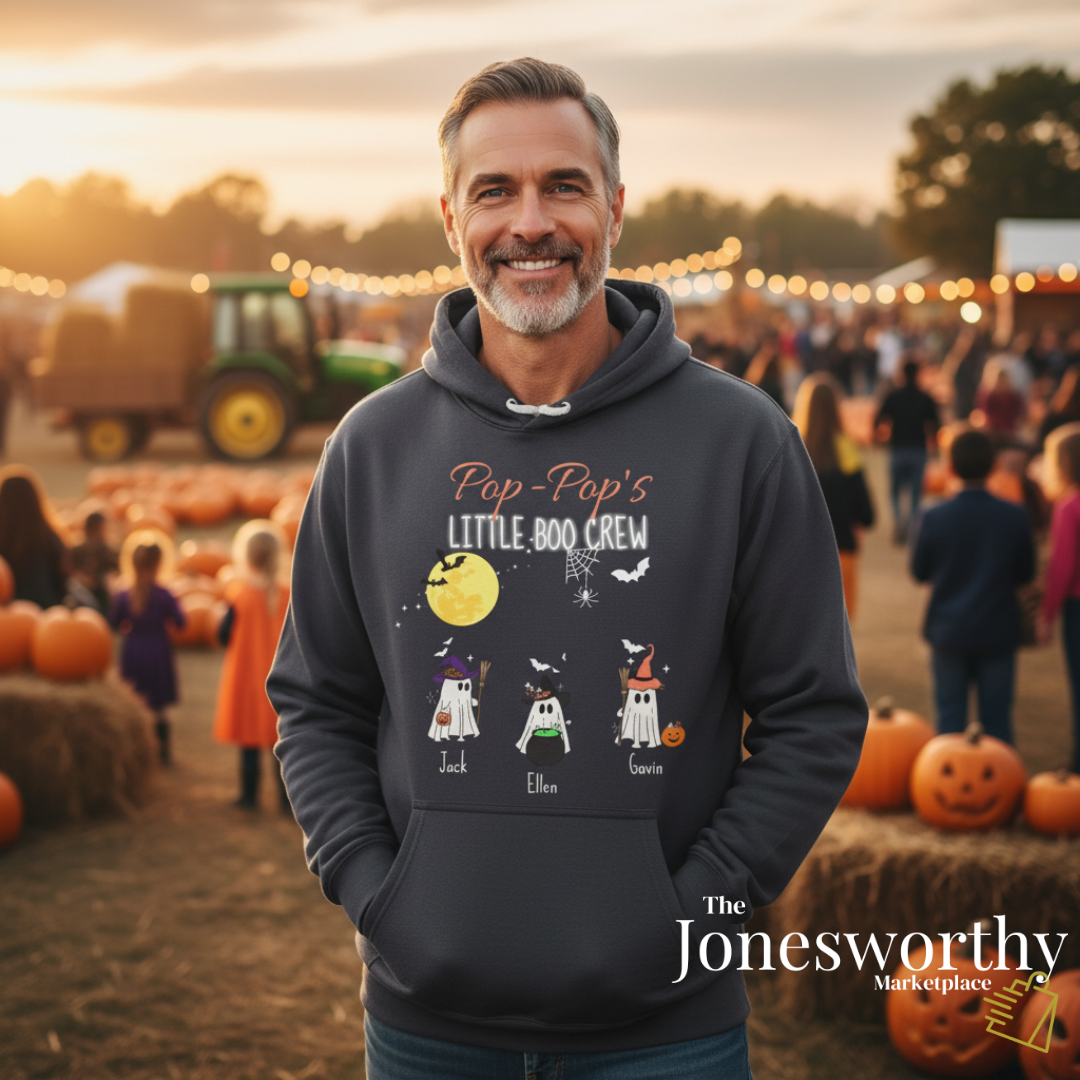 Personalized Halloween Hoodie – Custom “Little Boo Crew” Ghost Sweatshirt with Names & Titles