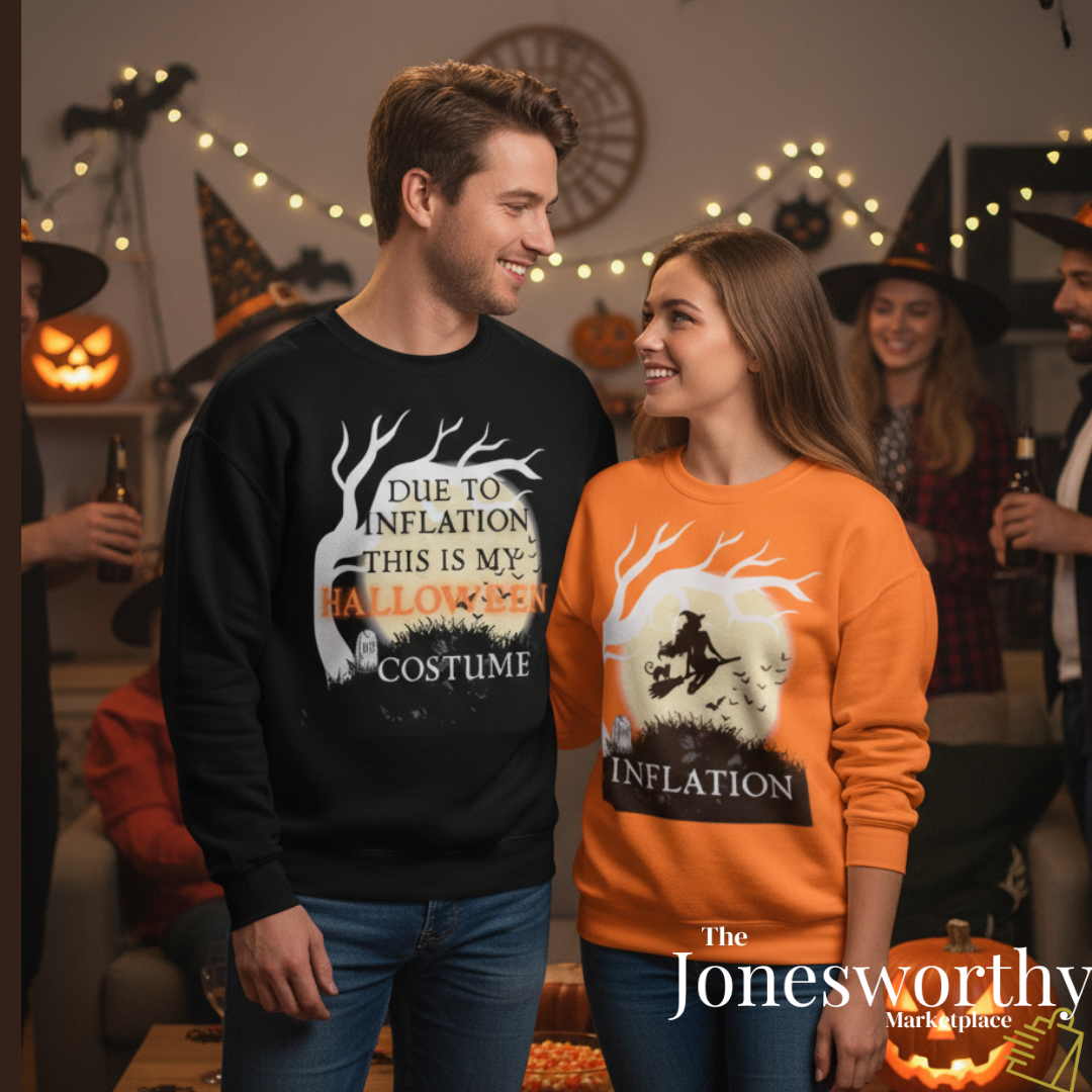 Funny Halloween Shirts | Sweatshirts | Due to Inflation Costume | Inflation, Black or Orange Unisex Tees & Crewnecks