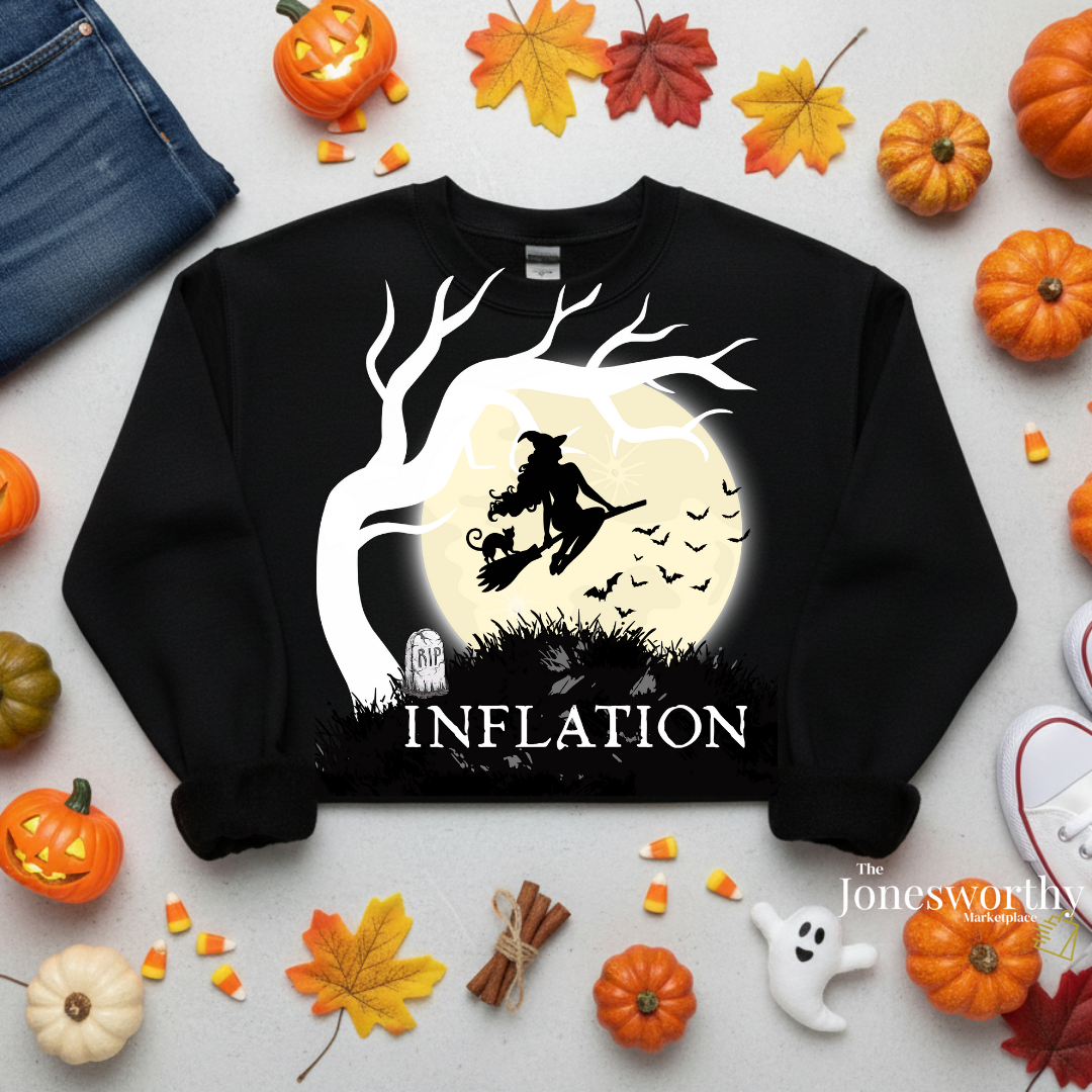 Funny Halloween Shirts | Sweatshirts | Due to Inflation Costume | Inflation, Black or Orange Unisex Tees & Crewnecks