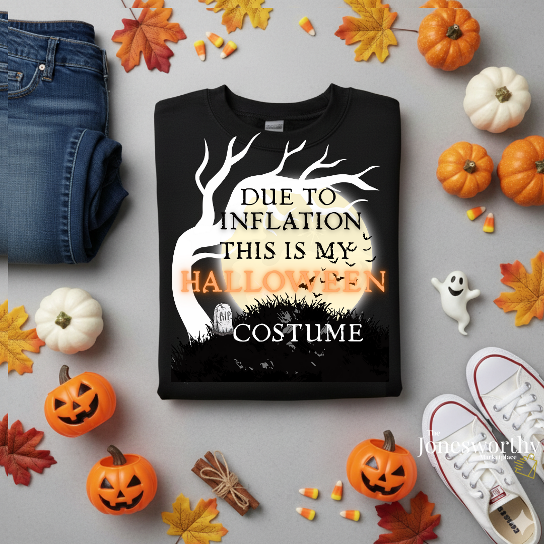 Funny Halloween Shirts | Sweatshirts | Due to Inflation Costume | Inflation, Black or Orange Unisex Tees & Crewnecks