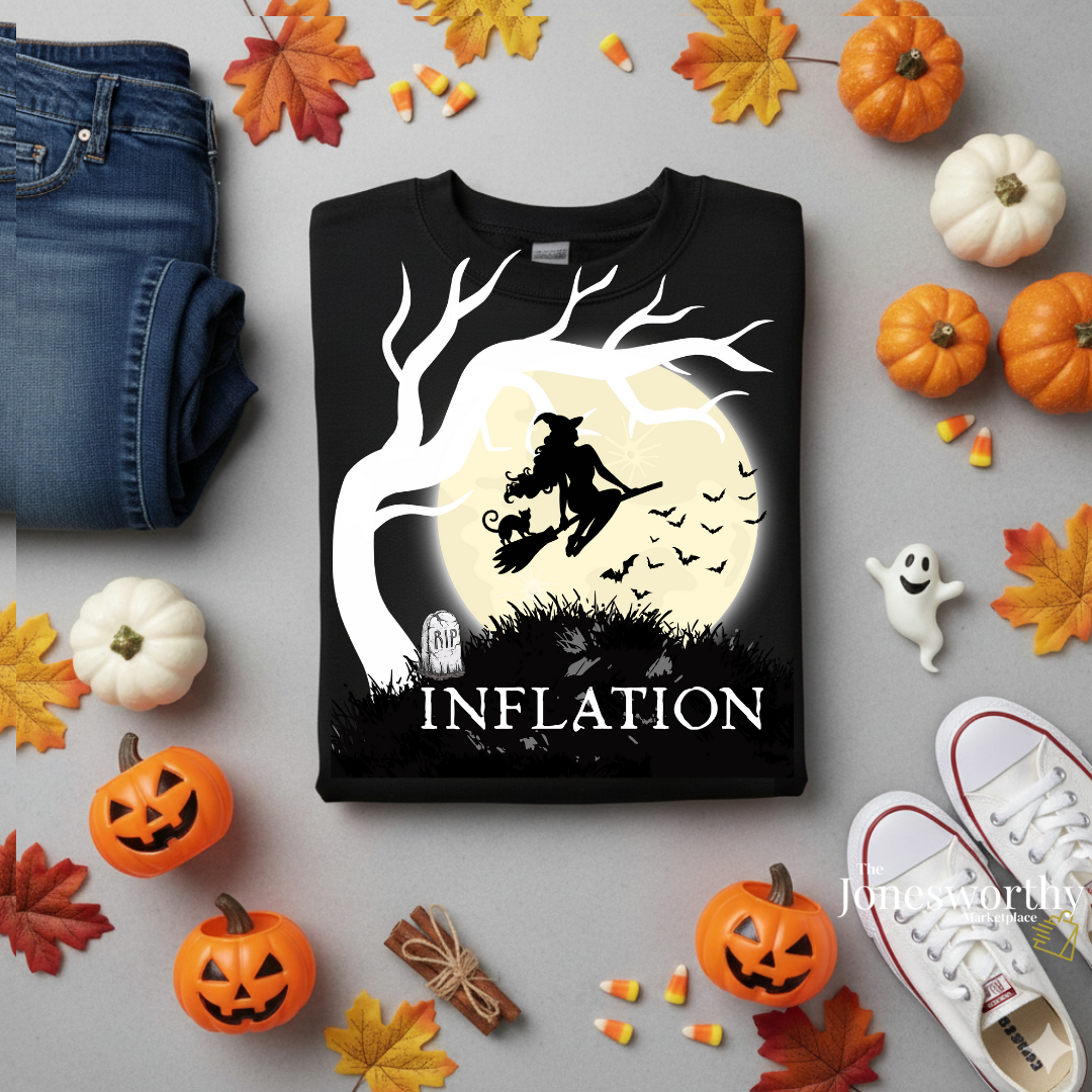 Funny Halloween Shirts | Sweatshirts | Due to Inflation Costume | Inflation, Black or Orange Unisex Tees & Crewnecks