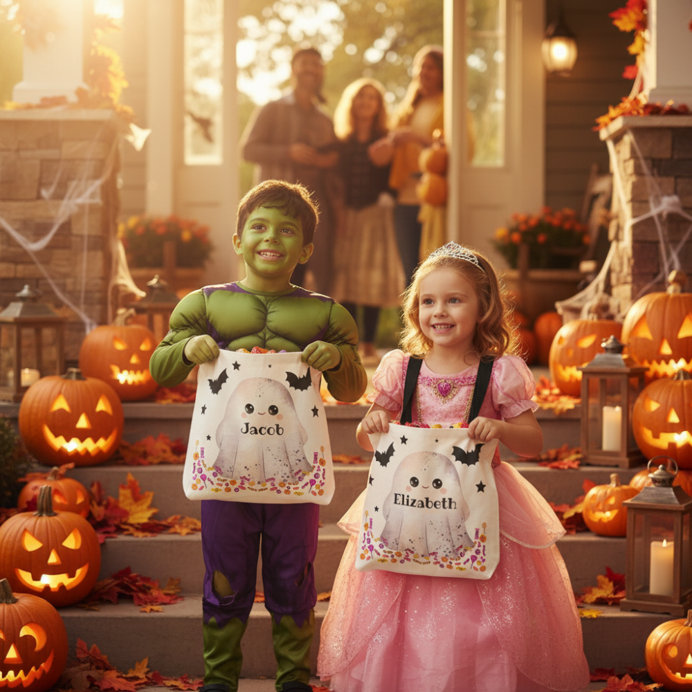 Personalized Halloween Trick or Treat Bag for Kids | Custom Name Candy Tote | Ghost Candy Bag | Reusable Halloween Treat Bag