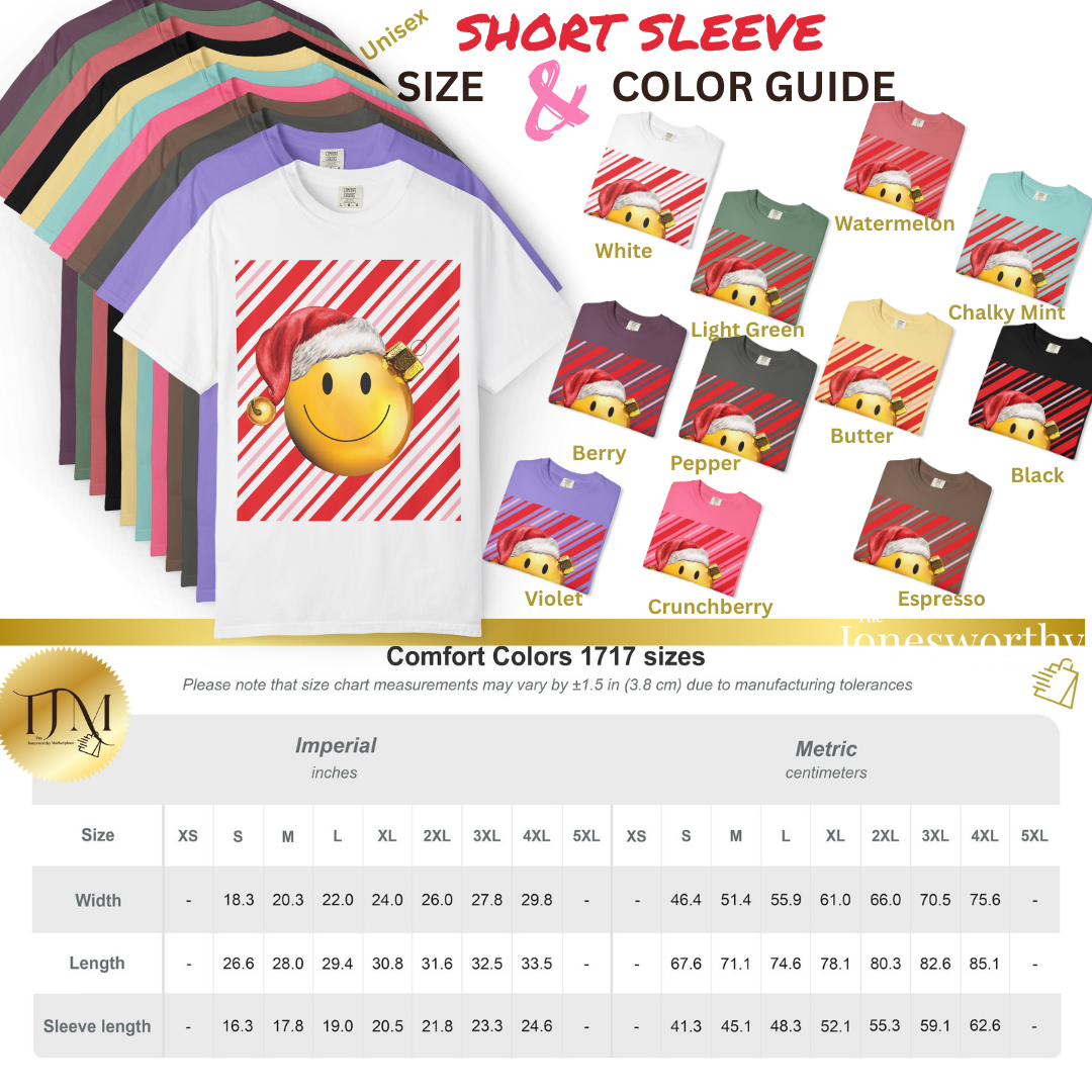 Smiley Face Comfort Colors Santa Ornament Christmas T-Shirt | Candy Cane Holiday Tee