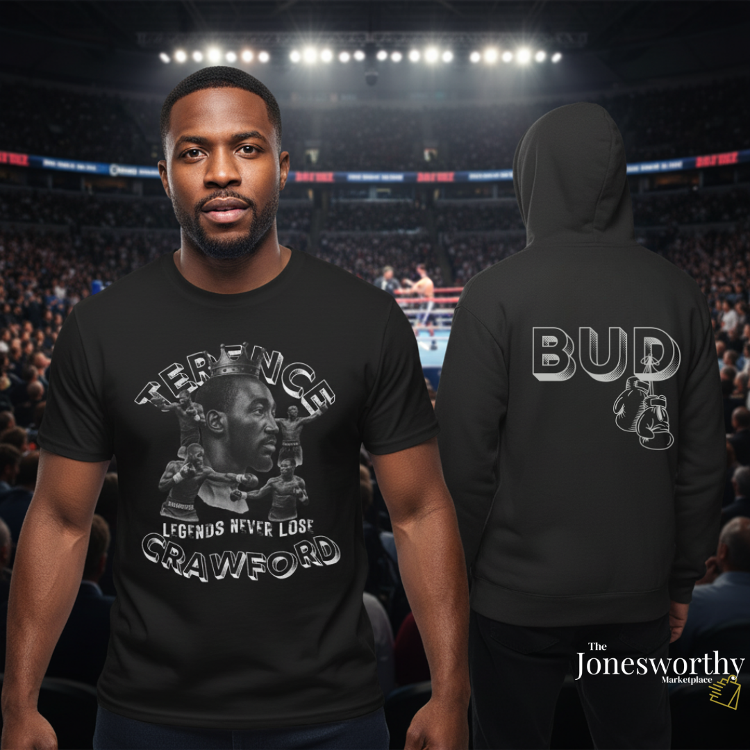 Terence Bud Crawford Graphic Tees | Legends Never Lose Front & Back Design | Short-Sleeve Cotton T-Shirt and Long-Sleeve Hooded Tee