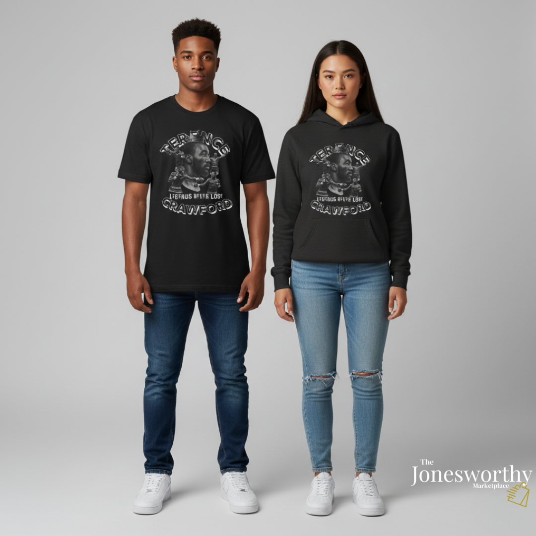 Terence Bud Crawford Graphic Tees | Legends Never Lose Front & Back Design | Short-Sleeve Cotton T-Shirt and Long-Sleeve Hooded Tee