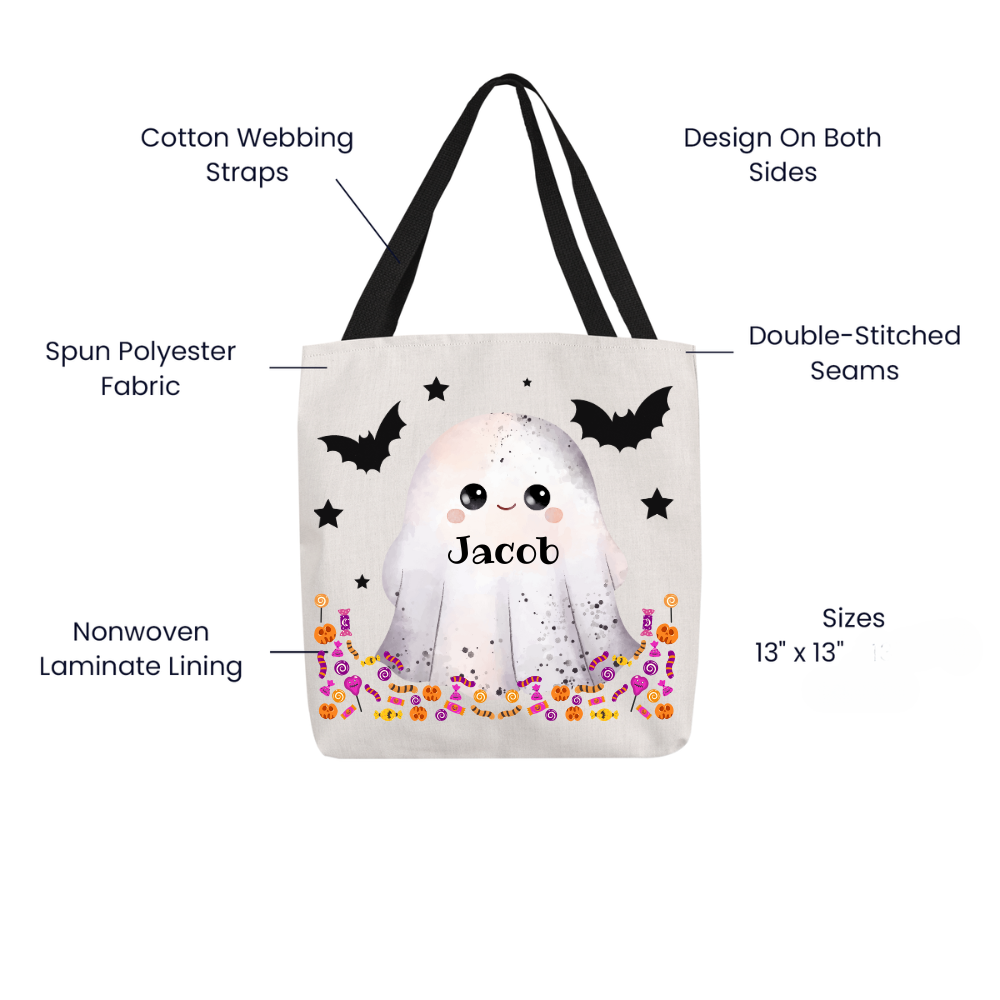 Personalized Halloween Trick or Treat Bag for Kids | Custom Name Candy Tote | Ghost Candy Bag | Reusable Halloween Treat Bag