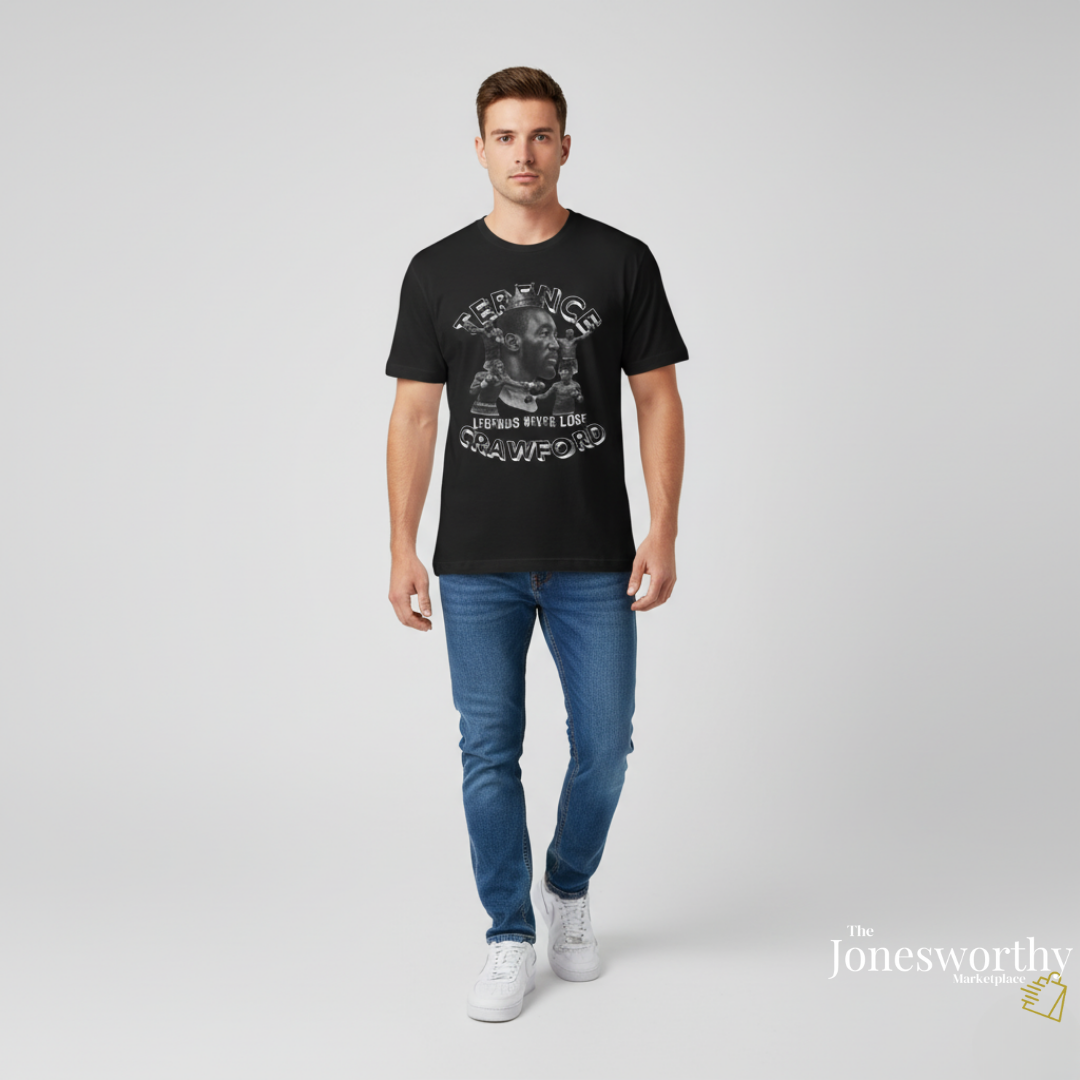 Terence Bud Crawford Graphic Tees | Legends Never Lose Front & Back Design | Short-Sleeve Cotton T-Shirt and Long-Sleeve Hooded Tee