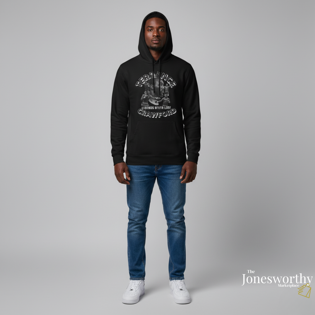 Terence Bud Crawford Graphic Tees | Legends Never Lose Front & Back Design | Short-Sleeve Cotton T-Shirt and Long-Sleeve Hooded Tee