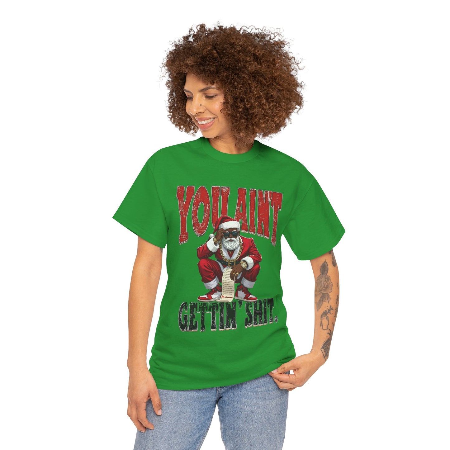 Black Santa “You Ain’t Gettin’ Shit” Christmas Shirt • Funny Holiday Tee, Sweatshirt, Hoodie • Gildan Unisex S–5XL🎄✨