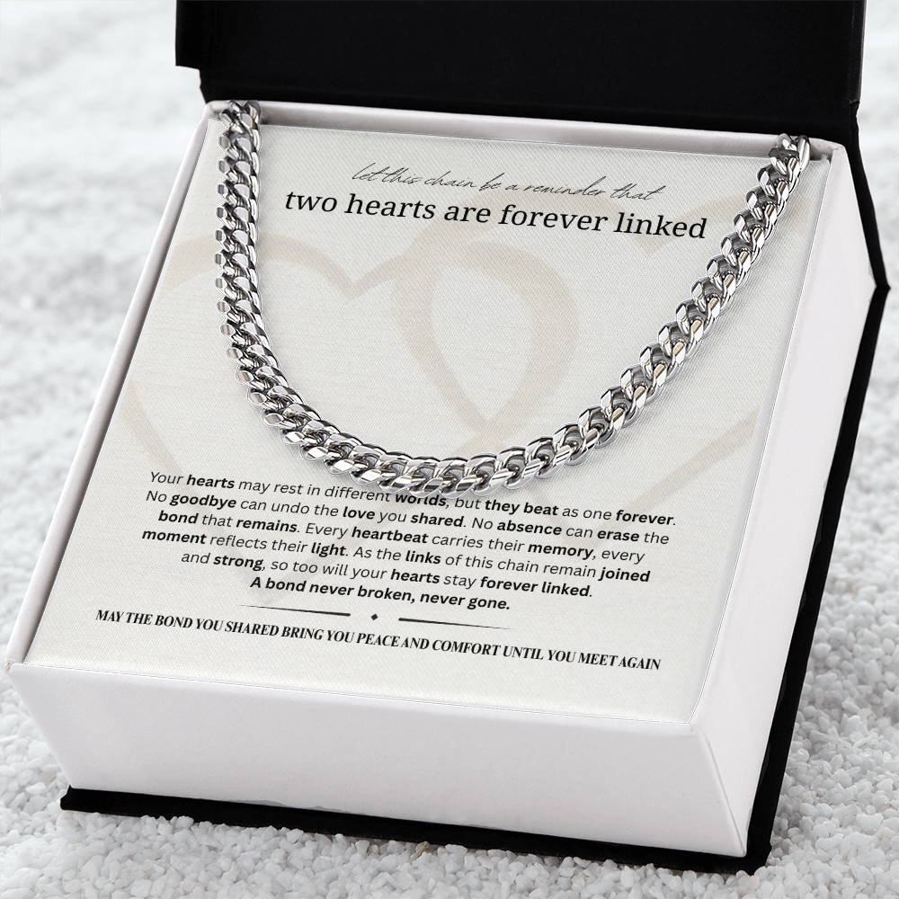 Sympathy Gift for Men | Memorial Necklace for Men | Cuban Link Chain | Two Hearts Are Forever Linked | Stainless Steel or 18K Gold