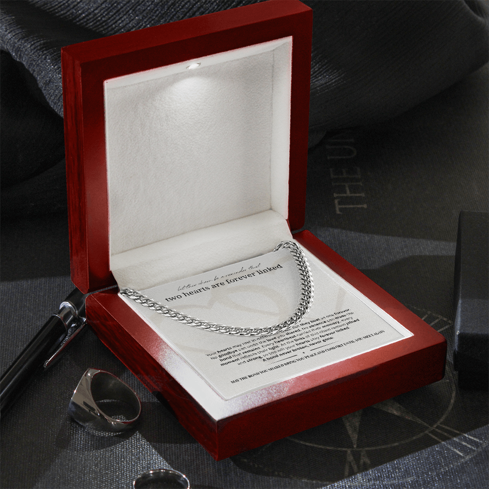 Sympathy Gift for Men | Memorial Necklace for Men | Cuban Link Chain | Two Hearts Are Forever Linked | Stainless Steel or 18K Gold