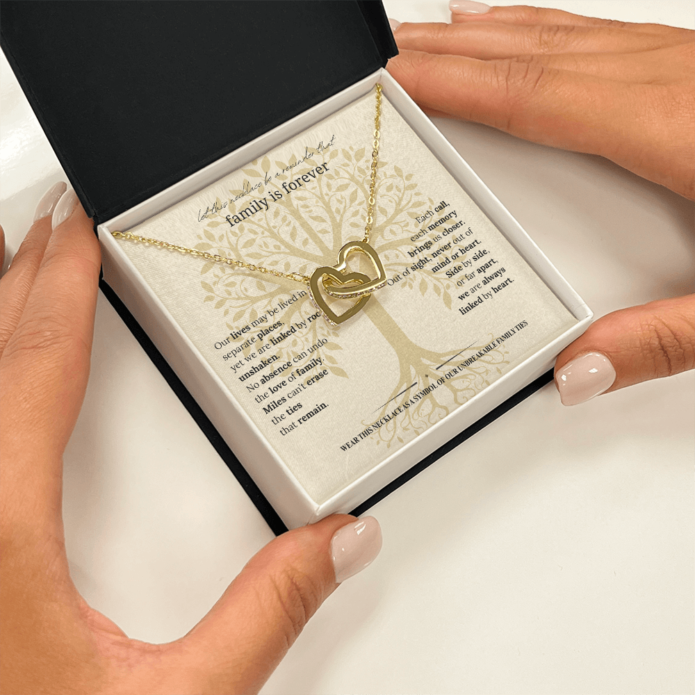 Gift for Mom, Daughter, or Sister | Family Is Forever Necklace | Interlocking Hearts with Message Card |14K White or 18K Yellow Gold Finish