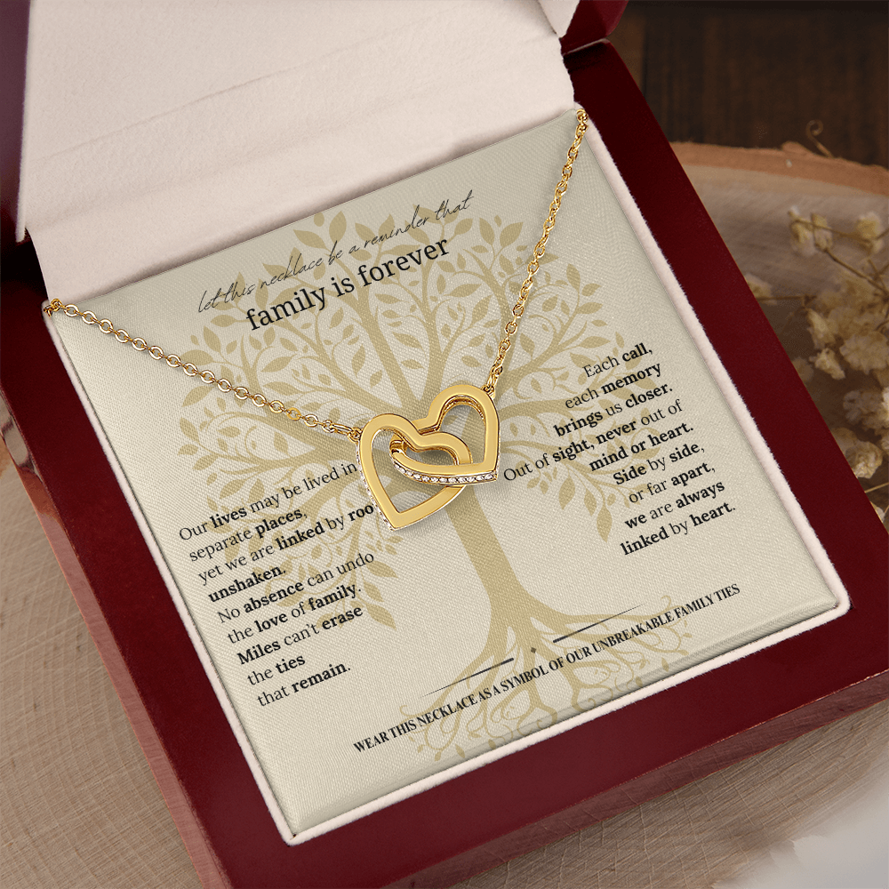 Gift for Mom, Daughter, or Sister | Family Is Forever Necklace | Interlocking Hearts with Message Card |14K White or 18K Yellow Gold Finish