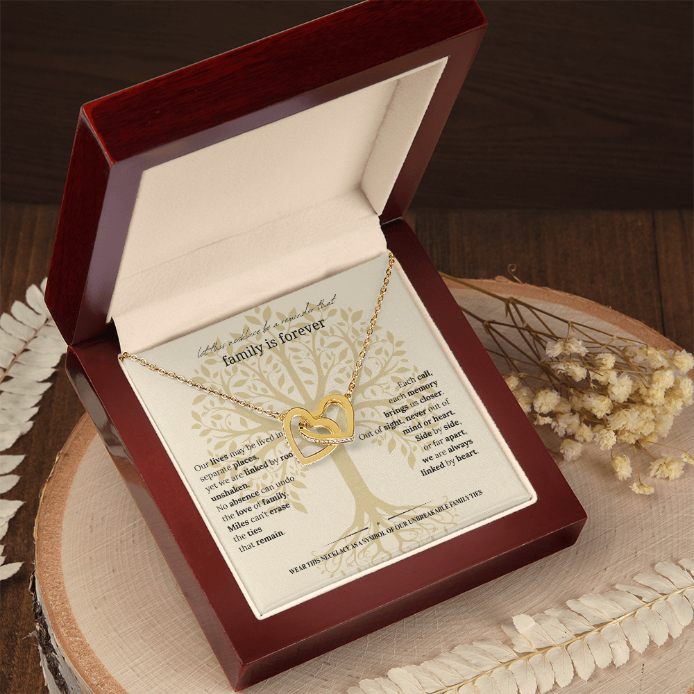 Gift for Mom, Daughter, or Sister | Family Is Forever Necklace | Interlocking Hearts with Message Card |14K White or 18K Yellow Gold Finish