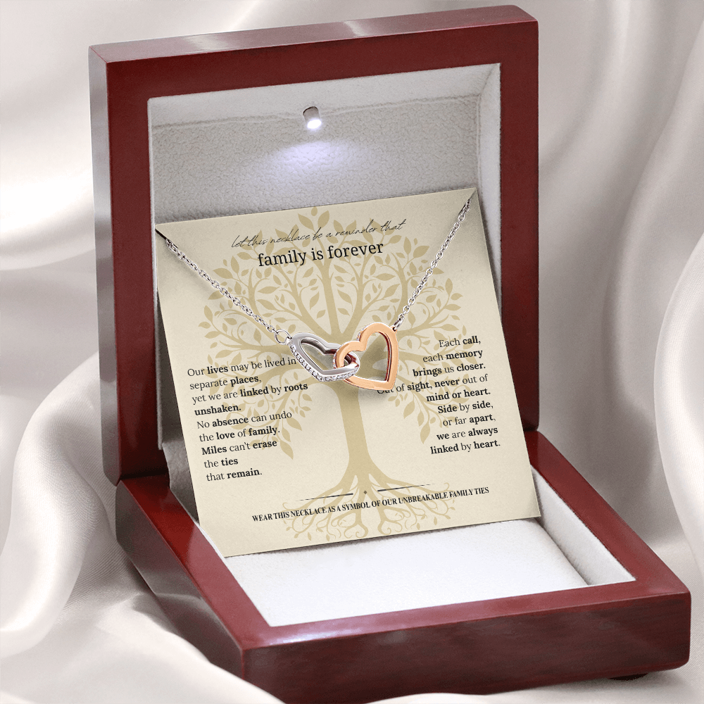 Gift for Mom, Daughter, or Sister | Family Is Forever Necklace | Interlocking Hearts with Message Card |14K White or 18K Yellow Gold Finish
