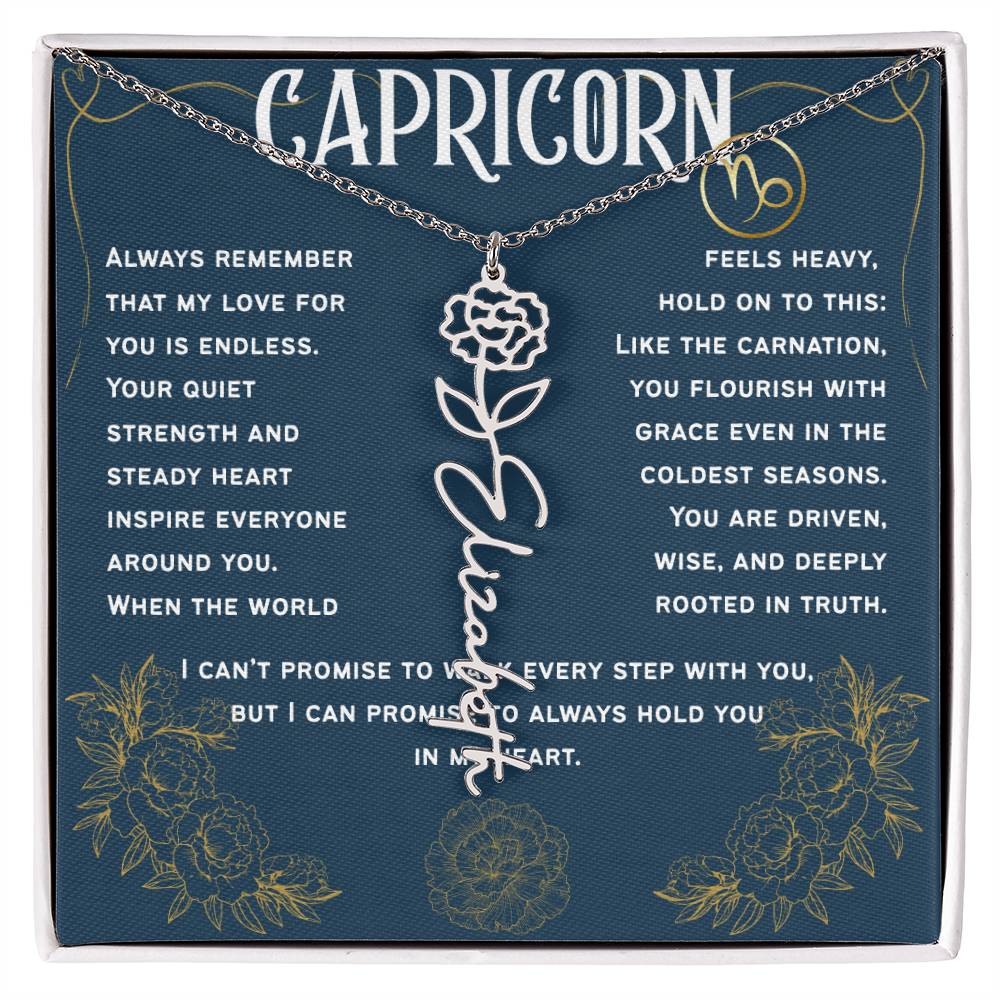 Capricorn Personalized Name Necklace – Carnation Birth Flower – January