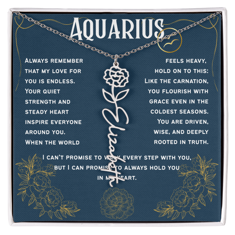Aquarius Personalized Name Necklace – Carnation Birth Flower – January