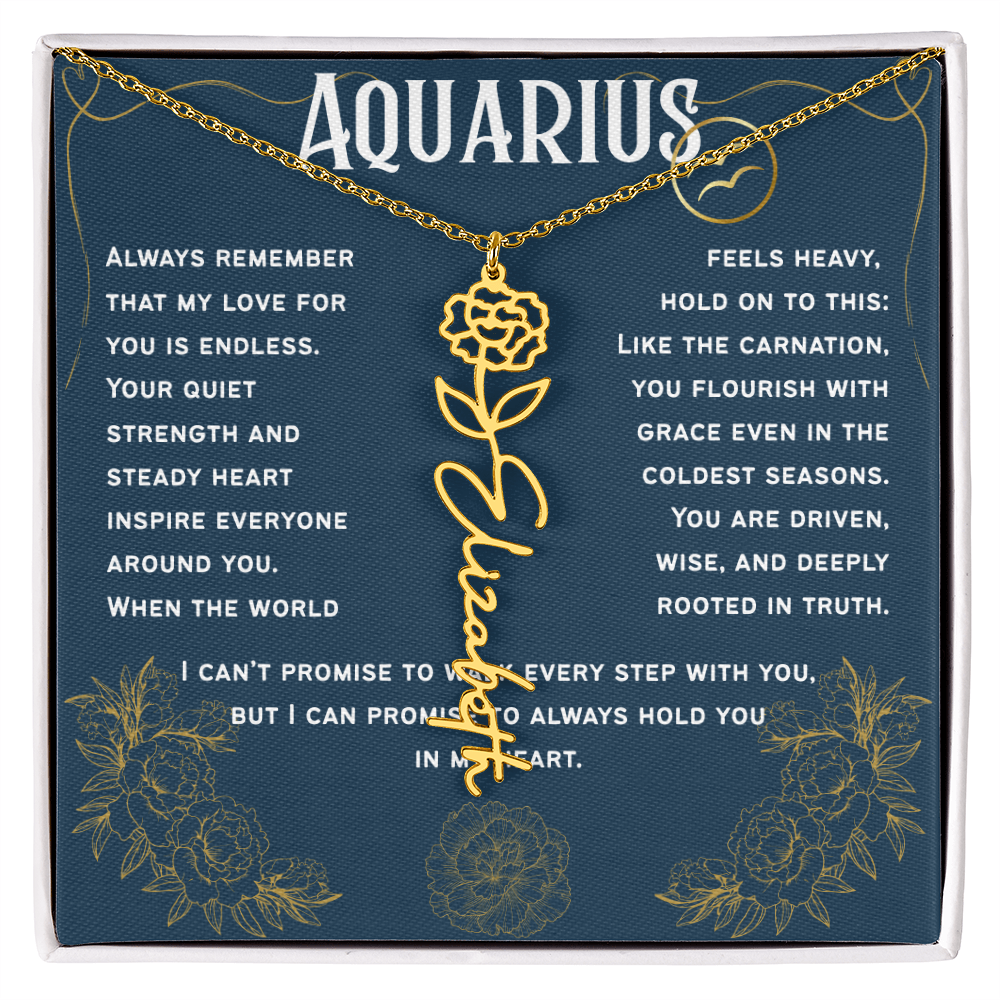 Aquarius Personalized Name Necklace – Carnation Birth Flower – January