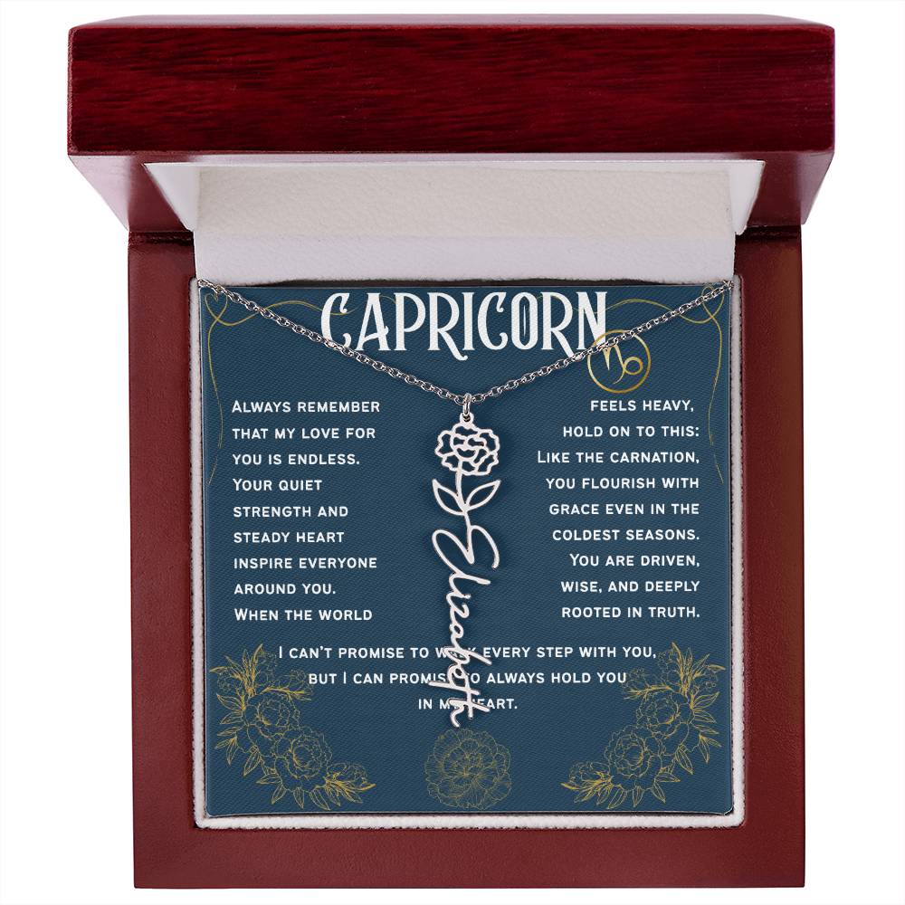 Capricorn Personalized Name Necklace – Carnation Birth Flower – January