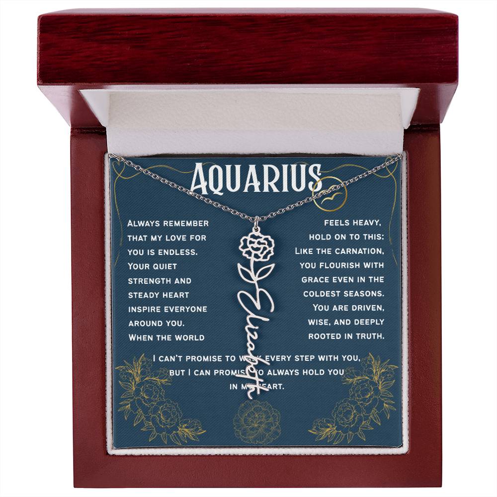 Aquarius Personalized Name Necklace – Carnation Birth Flower – January