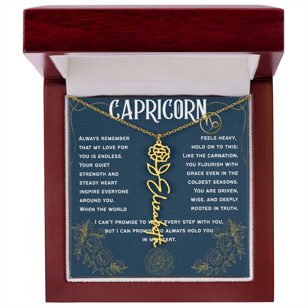 Capricorn Personalized Name Necklace – Carnation Birth Flower – January