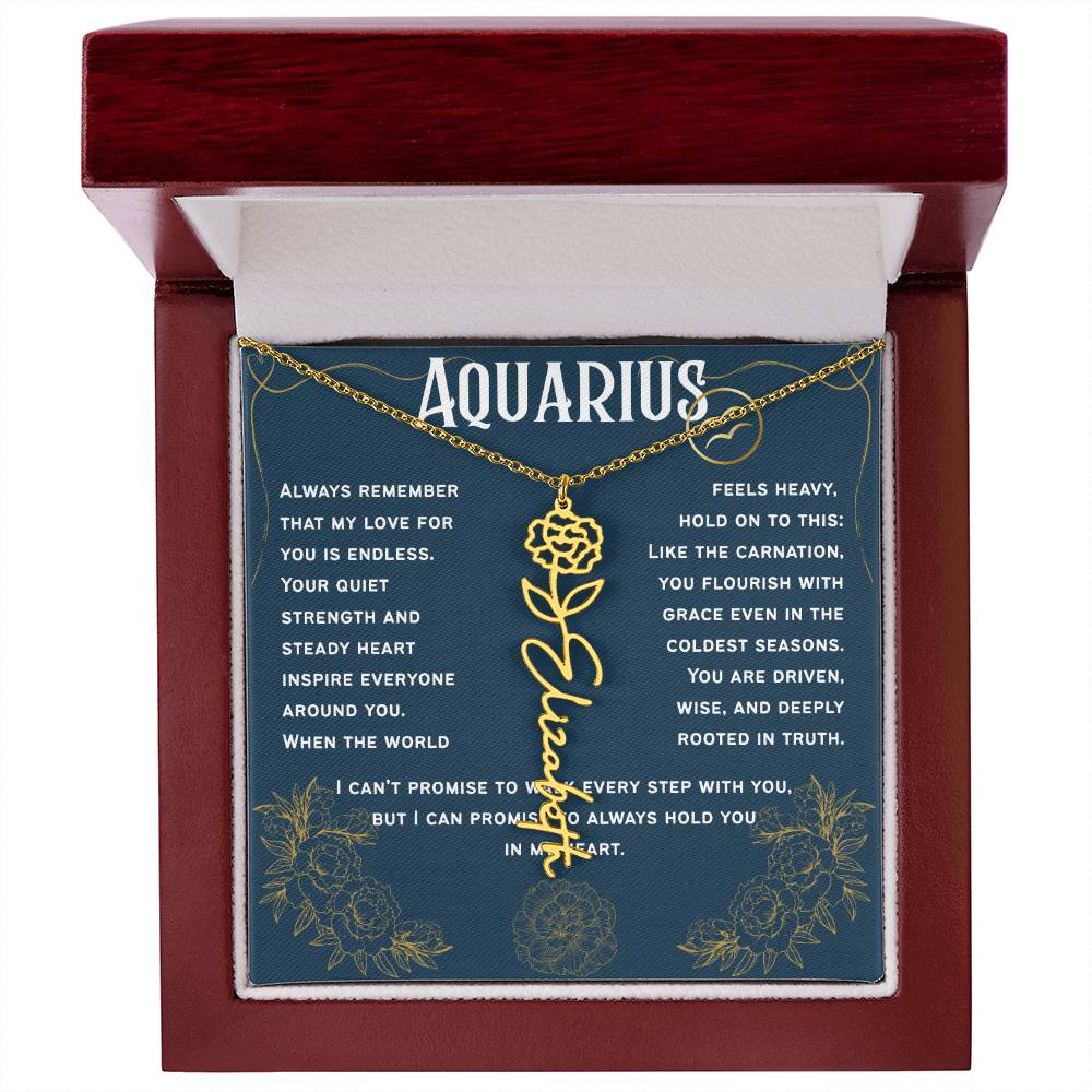 Aquarius Personalized Name Necklace – Carnation Birth Flower – January