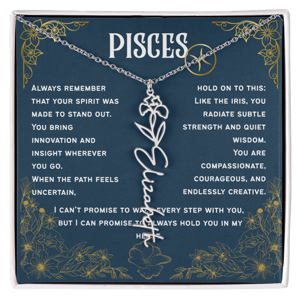 Pisces Personalized Name Necklace – Iris Birth Flower – February