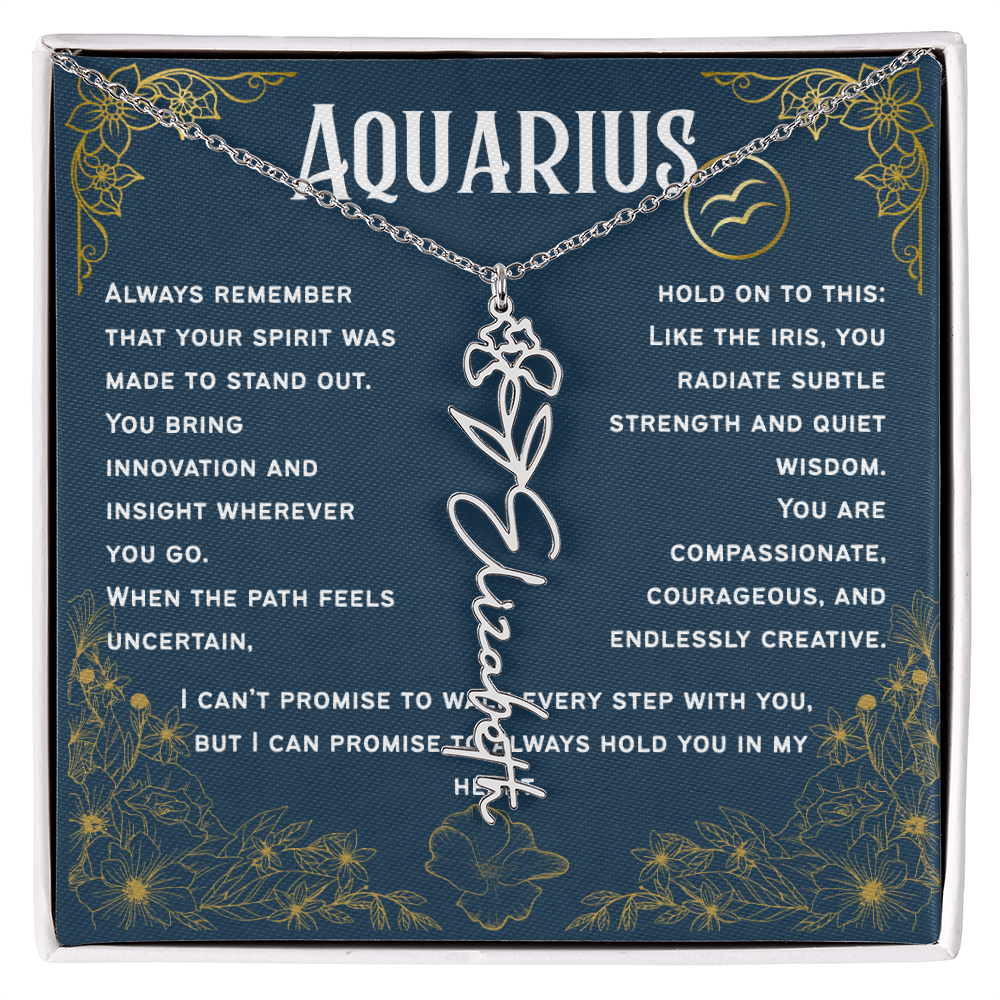 Aquarius Personalized Name Necklace – Iris Birth Flower – February