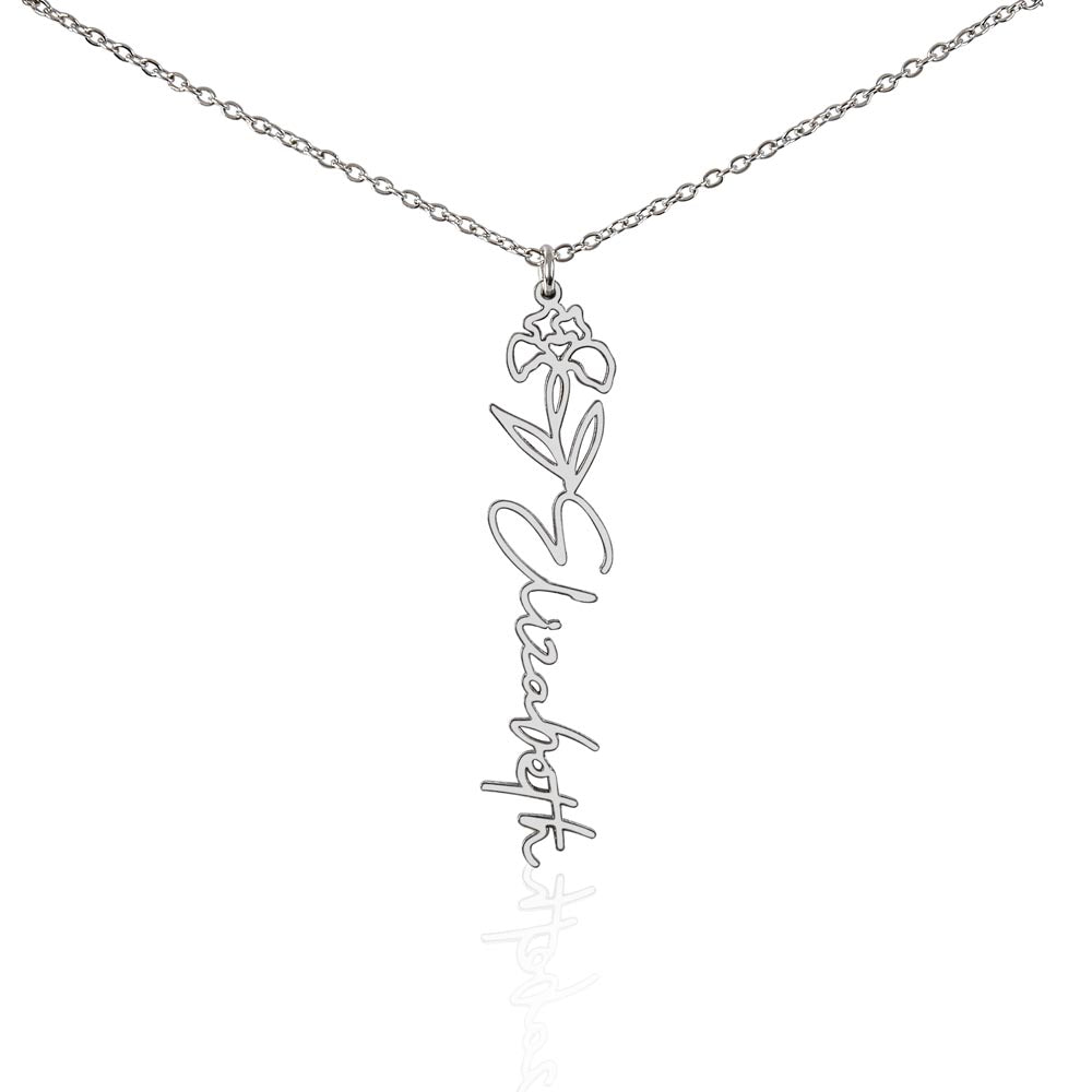 Aquarius Personalized Name Necklace – Iris Birth Flower – February