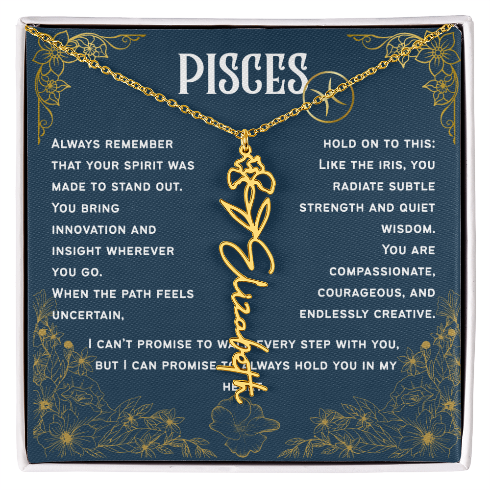 Pisces Personalized Name Necklace – Iris Birth Flower – February