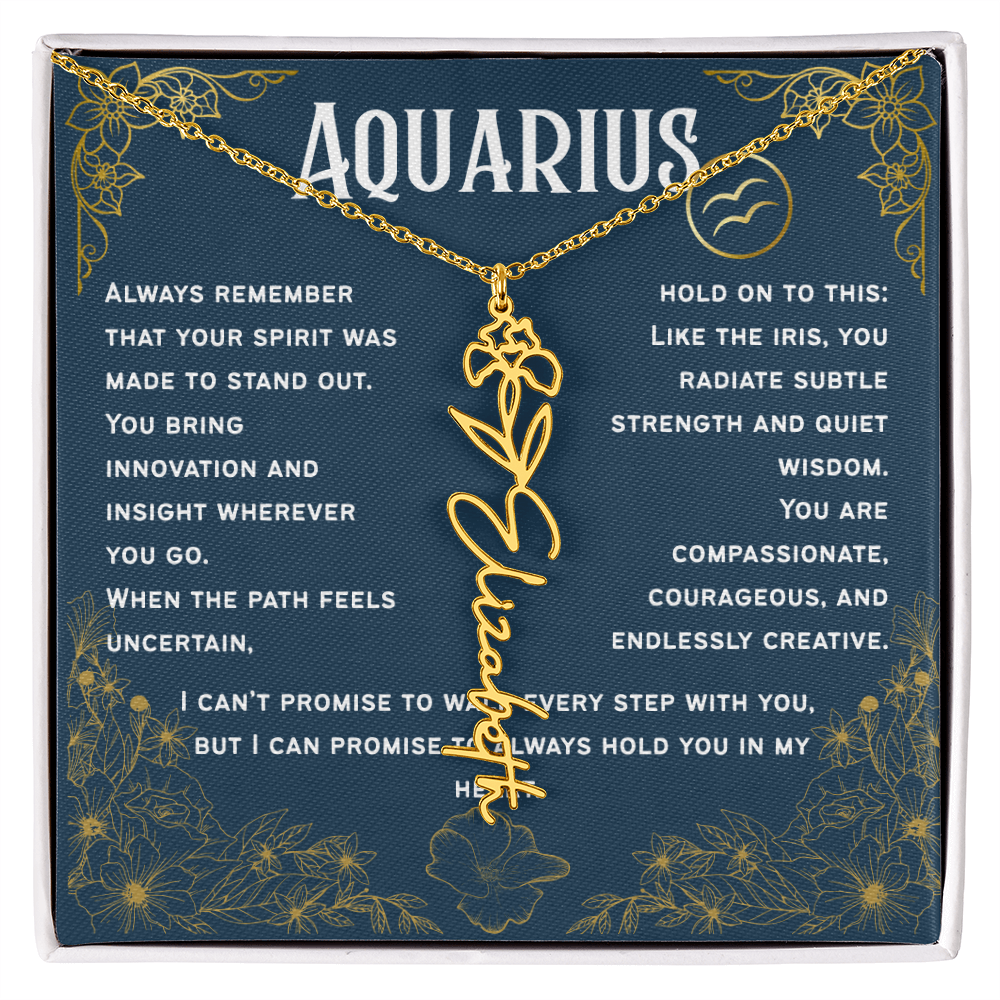 Aquarius Personalized Name Necklace – Iris Birth Flower – February