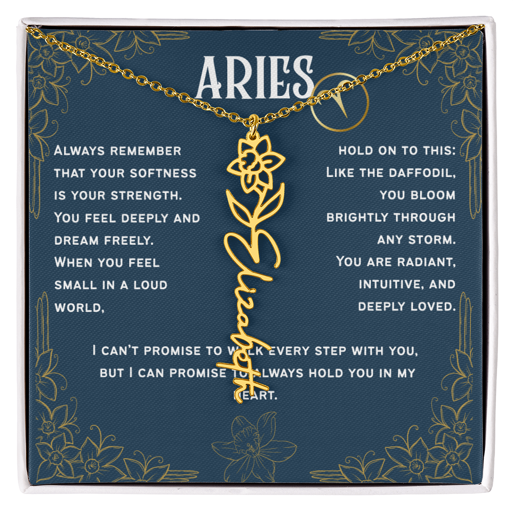 Aries Personalized Name Necklace – Daffodil Birth Flower – March