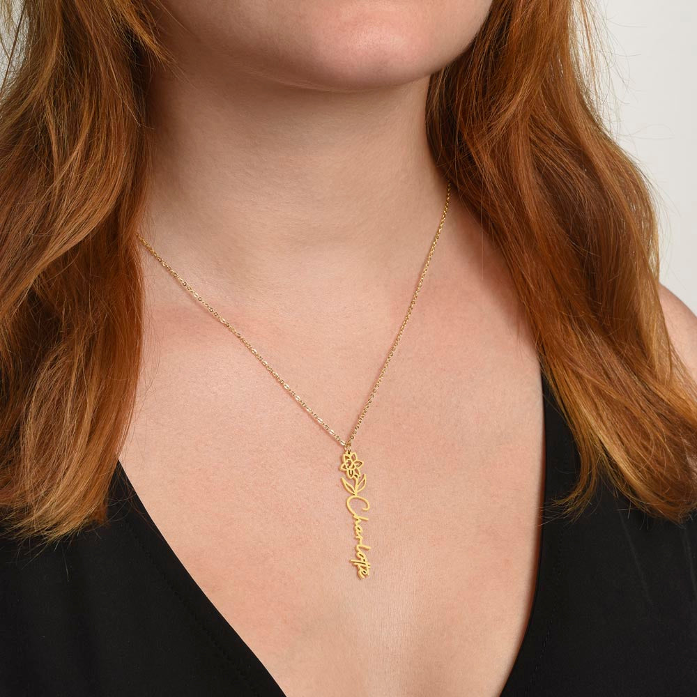 Aquarius Personalized Name Necklace – Carnation Birth Flower – January