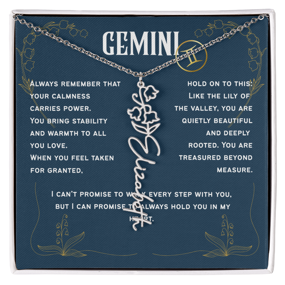 Gemini Personalized Name Necklace – Lily of the Valley Birth Flower – May