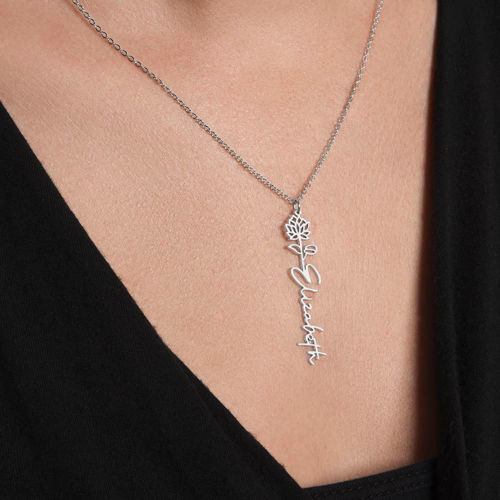 Cancer Personalized Name Necklace – Water Lily Birth Flower – July