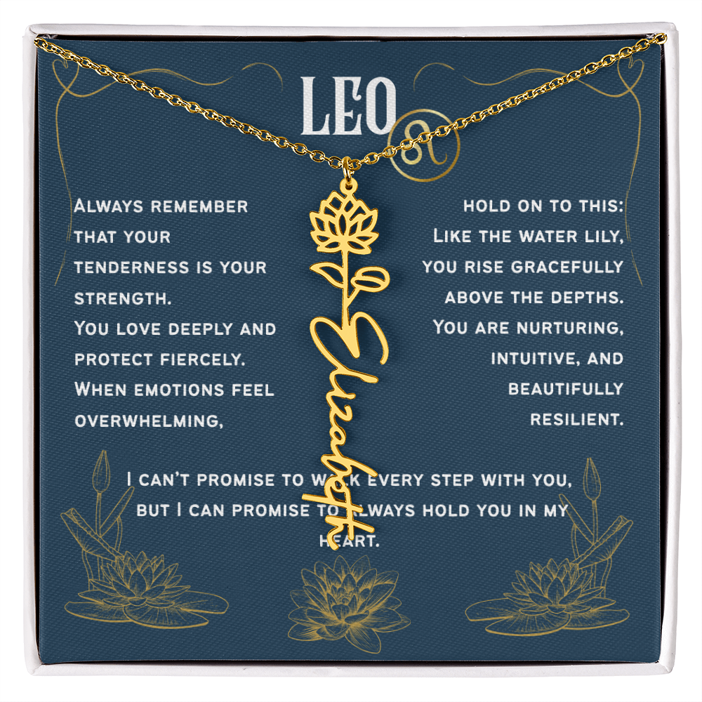 Leo Personalized Name Necklace – Water Lily Birth Flower – July