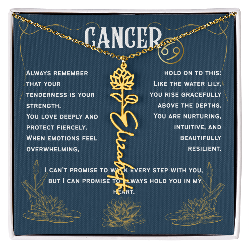 Cancer Personalized Name Necklace – Water Lily Birth Flower – July