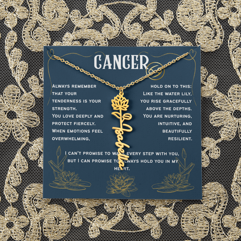 Cancer Personalized Name Necklace – Water Lily Birth Flower – July