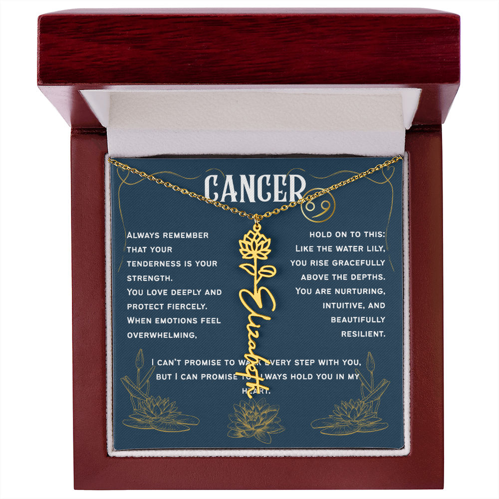 Cancer Personalized Name Necklace – Water Lily Birth Flower – July