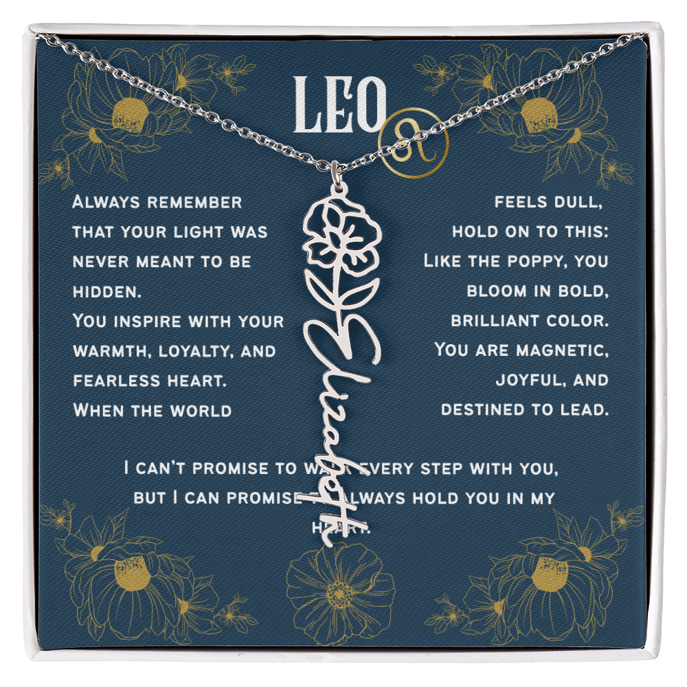 Leo Personalized Name Necklace – Poppy Birth Flower – August