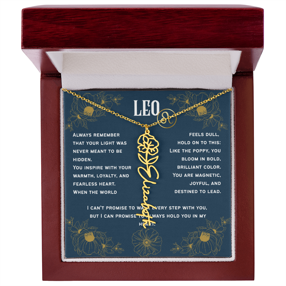 Leo Personalized Name Necklace – Poppy Birth Flower – August