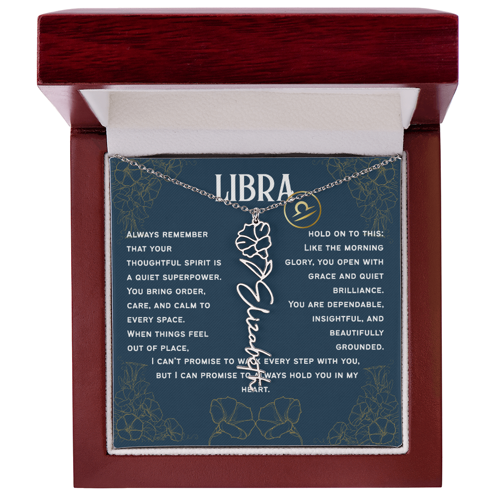 Libra Personalized Name Necklace – Morning Glory Birth Flower – September