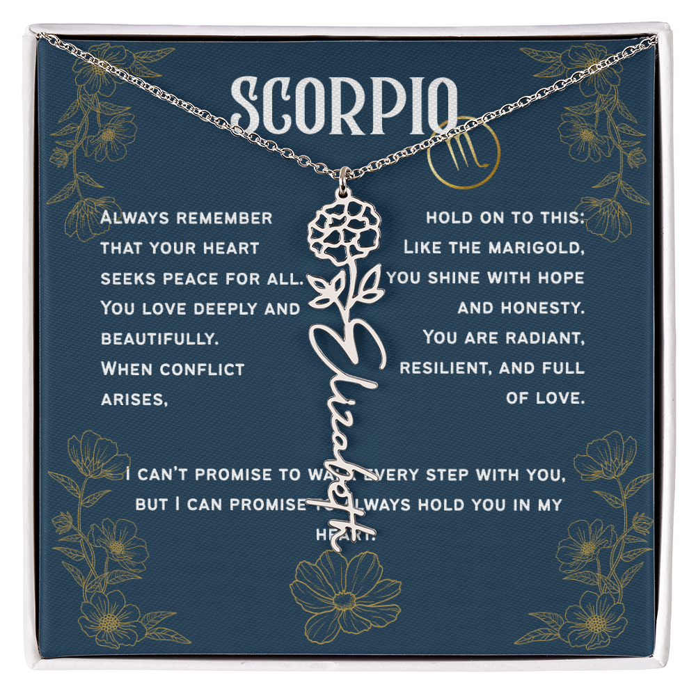 Scorpio Personalized Name Necklace – Marigold Birth Flower – October