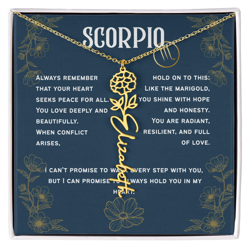 Scorpio Personalized Name Necklace – Marigold Birth Flower – October