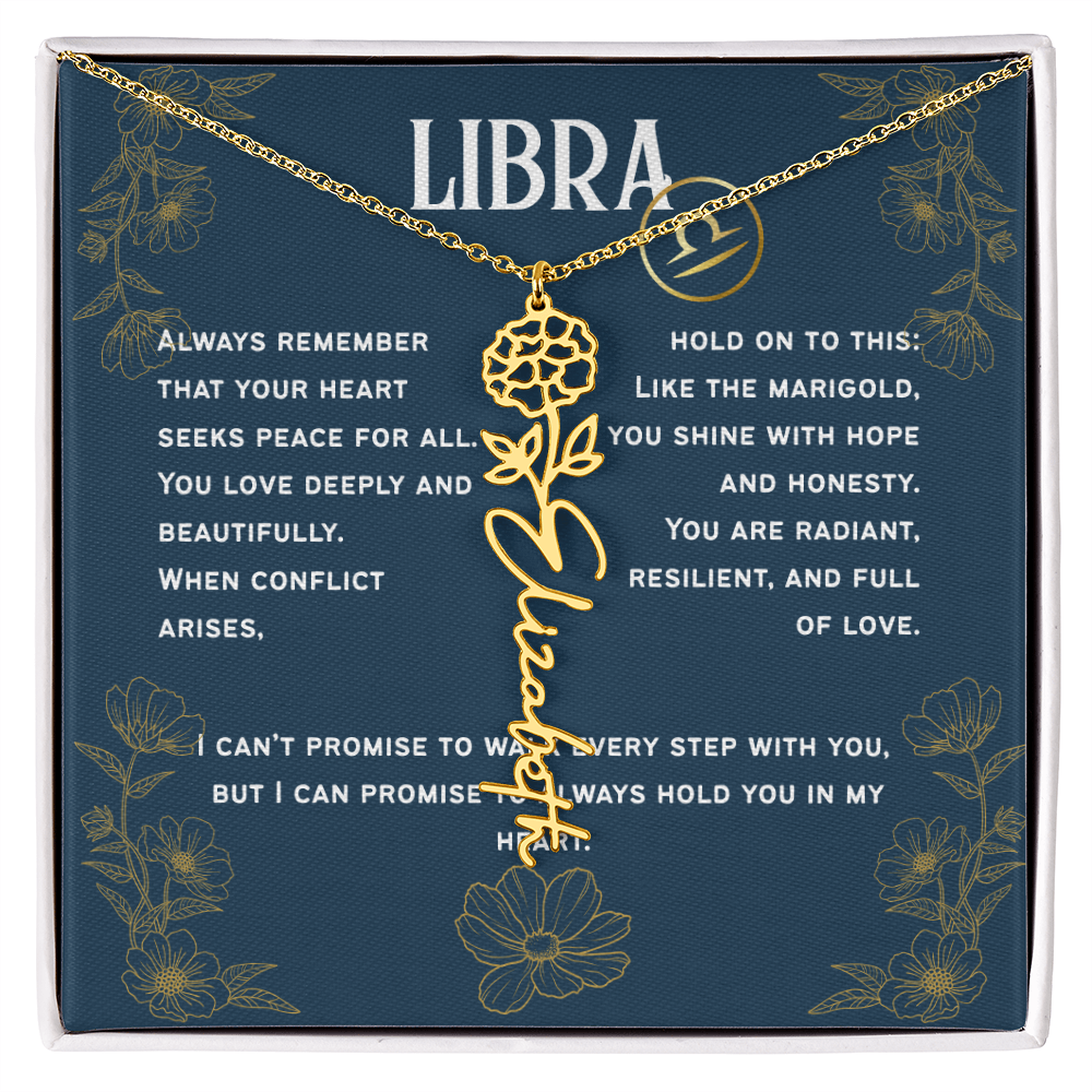 Libra Personalized Name Necklace – Marigold Birth Flower – October