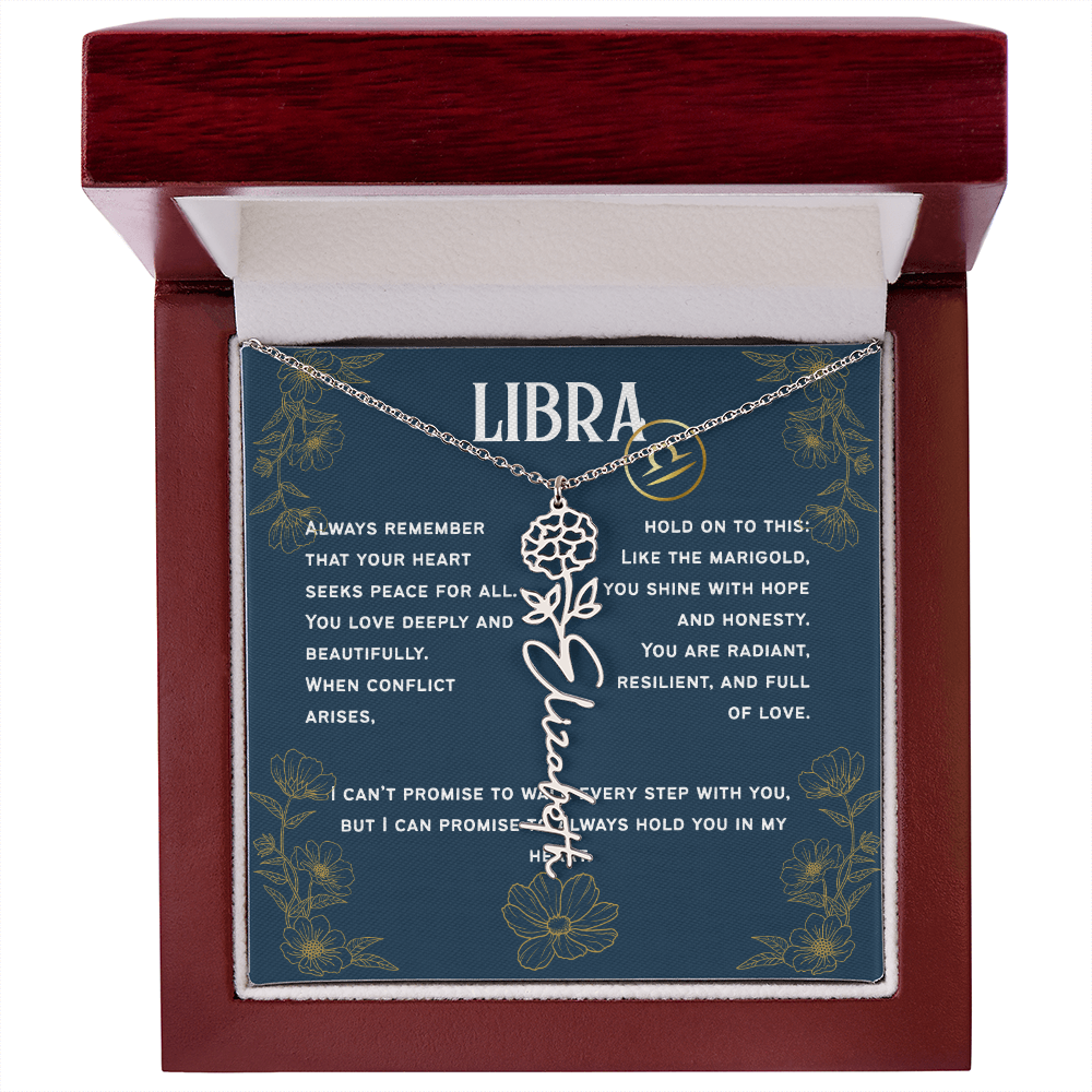 Libra Personalized Name Necklace – Marigold Birth Flower – October