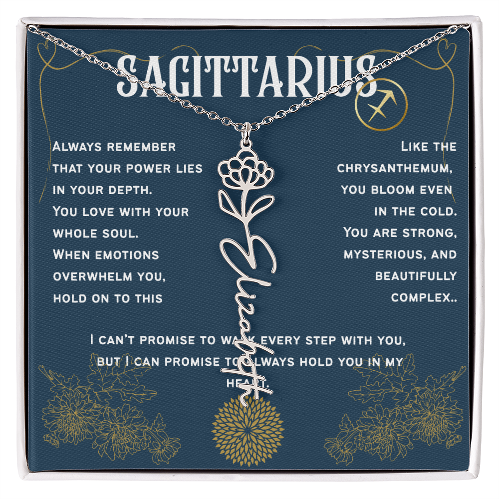 Sagittarius Personalized Name Necklace – Chrysanthemum Birth Flower – November