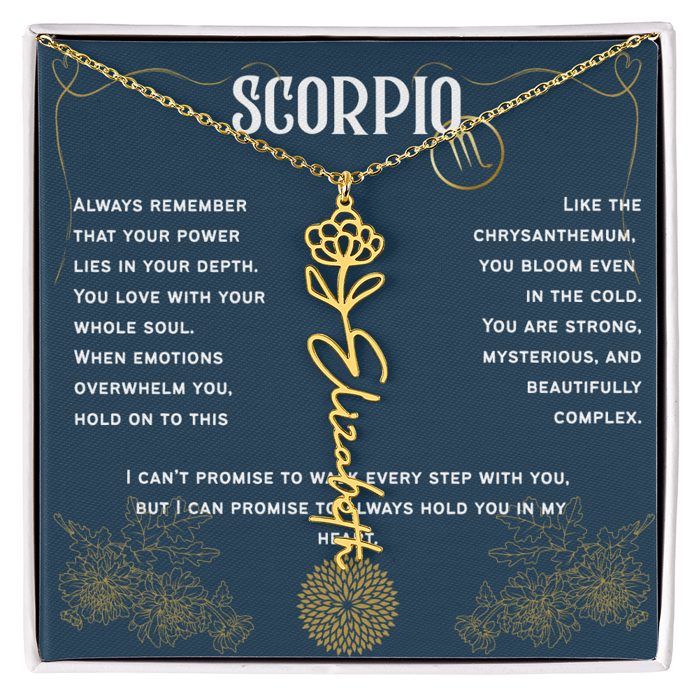 Scorpio Personalized Name Necklace – Chrysanthemum Birth Flower – November