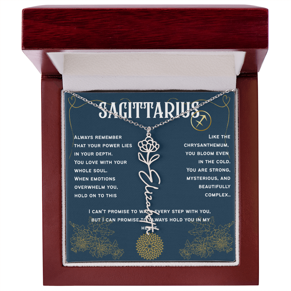 Sagittarius Personalized Name Necklace – Chrysanthemum Birth Flower – November